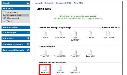 "Edition du champ DNS MX"